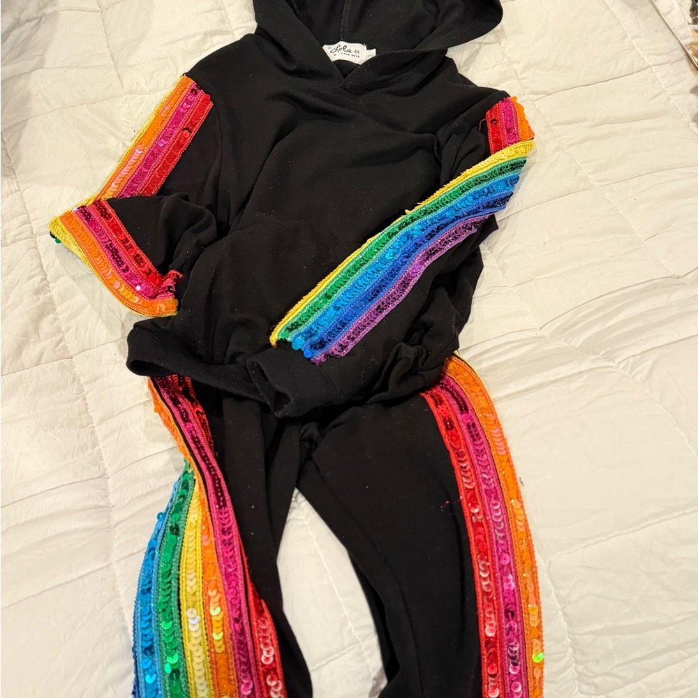 Lola + The Boys Black Kids Matching Set with Rainbow Sequin Stripes